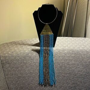 Beaded choker with blue and gold waterfall